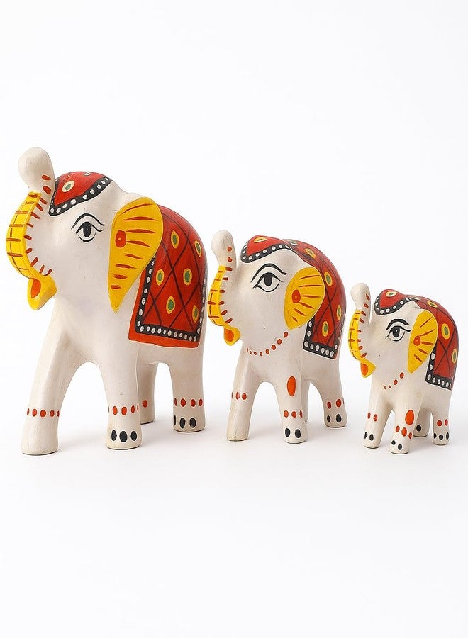 DreamKraft Paper Mache Handcrafted Set of 3 Elephant Action Showpiece Idols for Home Decor and Gift Purpose(White) - Image 2